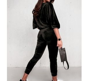 Velvet Zipper Long Sleeve Sweatshirt Set (Color: Black, size: L)