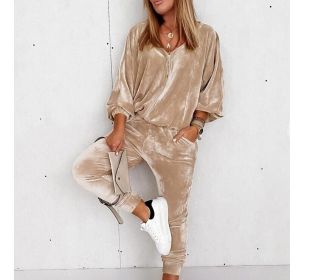 Velvet Zipper Long Sleeve Sweatshirt Set (Color: Light, size: M)