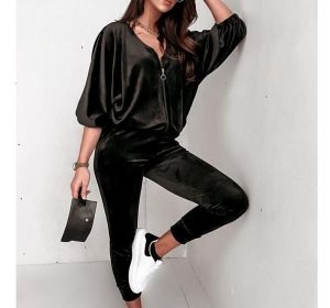 Velvet Zipper Long Sleeve Sweatshirt Set (Color: Black, size: M)