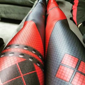 Batman Harleen Quinzel Leggings Red Harley Quinn Tights Sexy High Waist Trouser Woman (Color: Red, size: L)